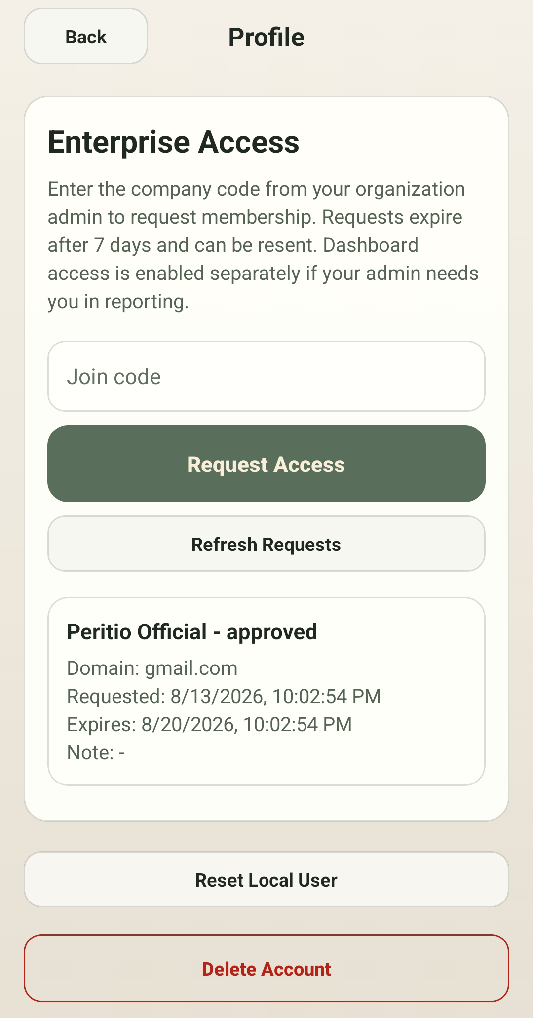 Peritio app Profile screen with the Delete Account button at the bottom