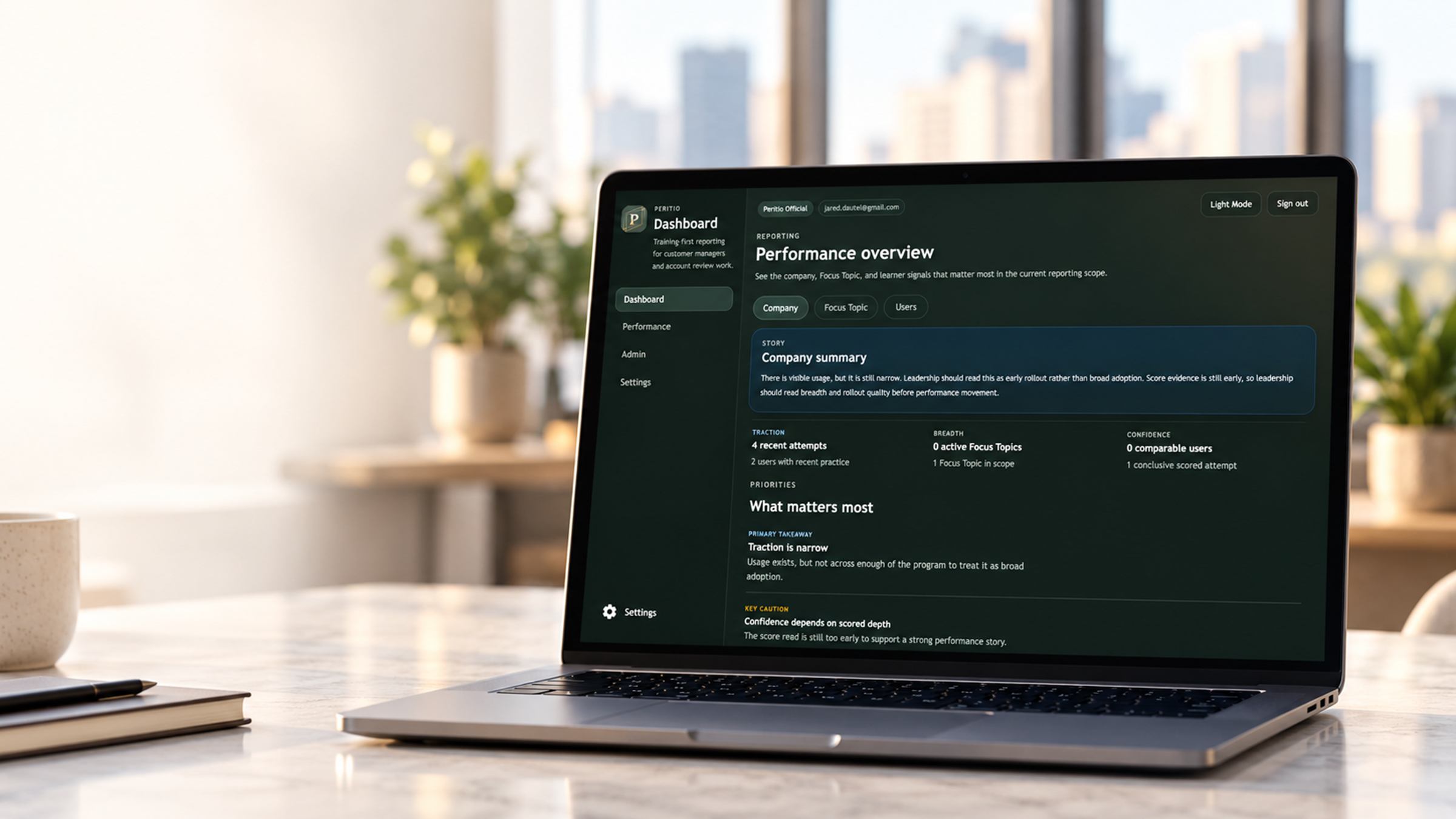 Peritio organizational performance dashboard on a laptop in a bright office