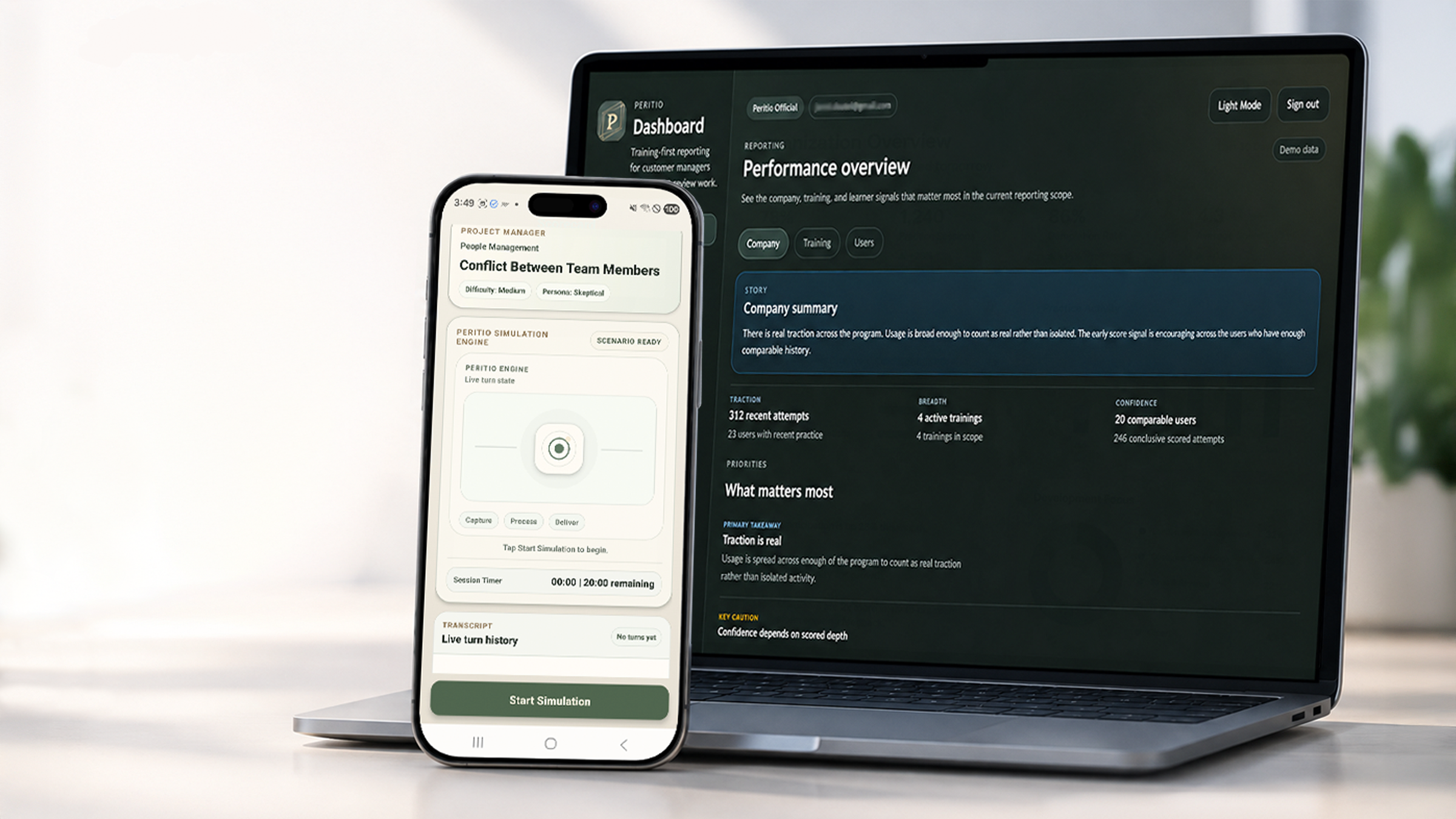 Peritio performance dashboard and practice session on a laptop and phone