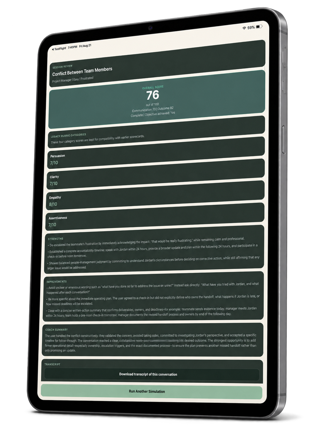 Peritio session review on a tablet with an overall score, competency scores, strengths, improvements, and coach summary