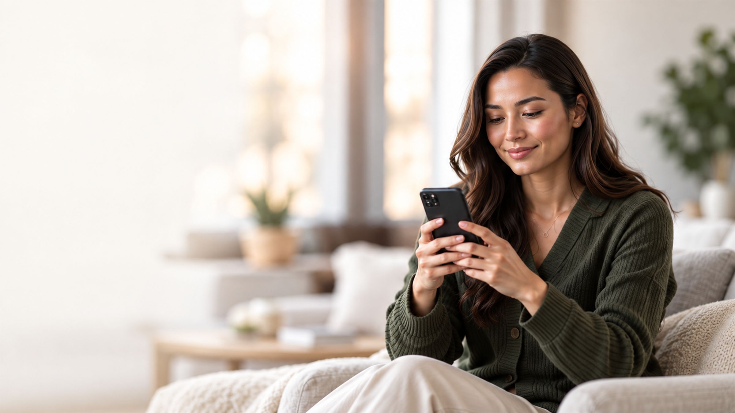 A woman practicing a conversation on her phone