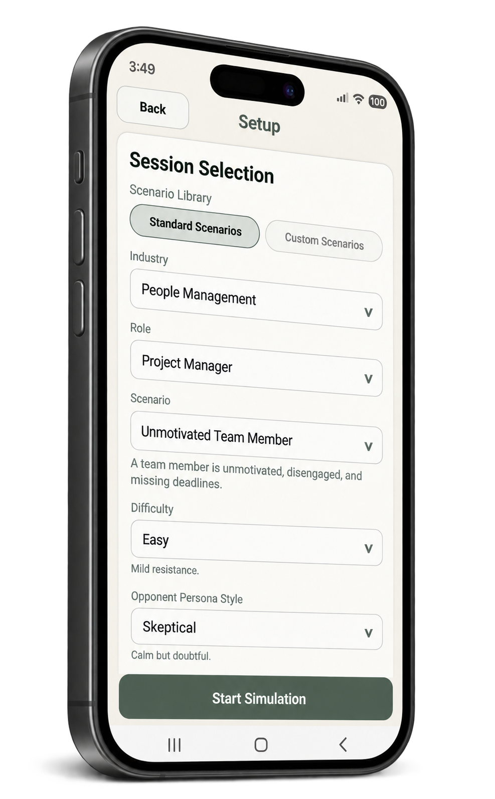 Peritio scenario setup with role, scenario, difficulty, and conversation persona options